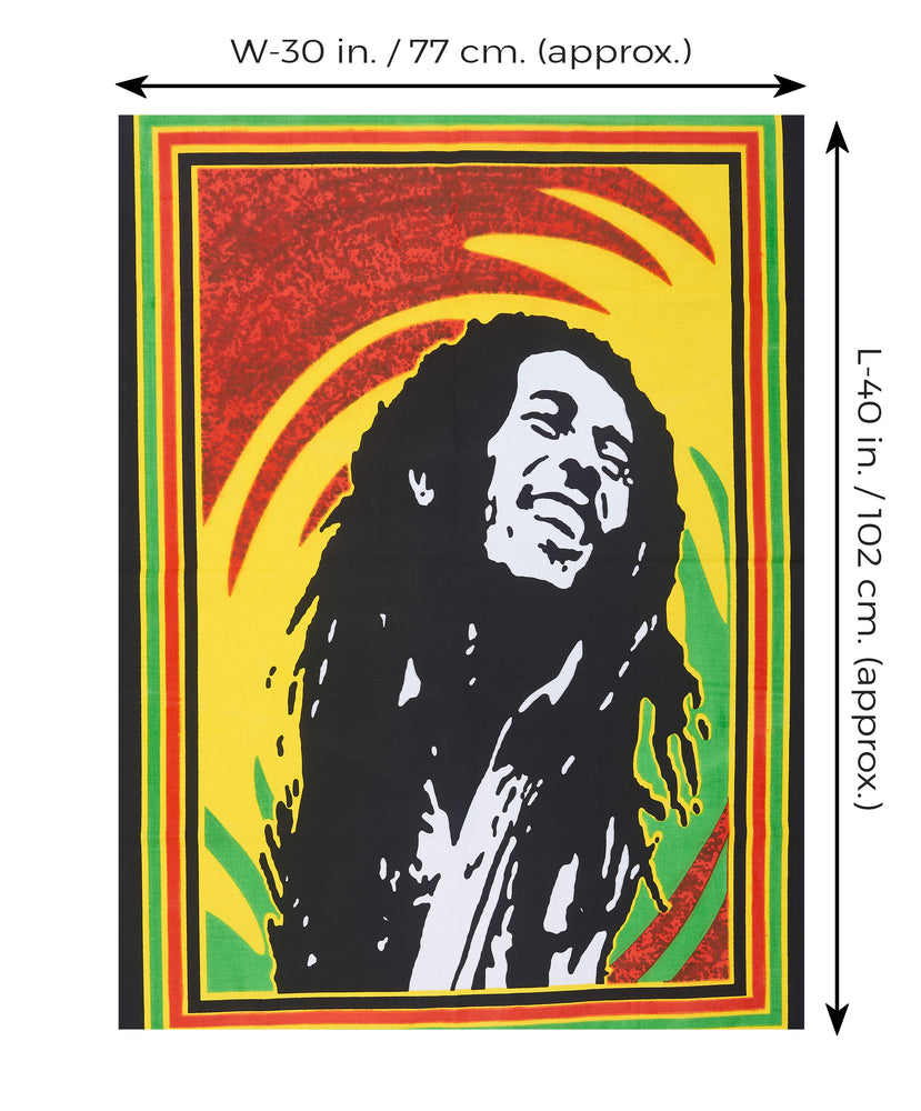 
                  
                    The Laughing Bob Marley Tapestry will instantly transform your room into a cool, boho, trippy living space, inspiring you to find your freedom and in the process, find yourself. It is also a great gift idea. The vibrant colors of this Jaipuri tapestry along with the classy hand-printed design will revamp a boring wall into a psychedelic, gypsy-styled piece of art.  The size of this tapestry is 40 X 30 inches, perfect to use it as a poster, wall hanging, table cloth, sofa cover, sarong or a beach throw.
                  
                