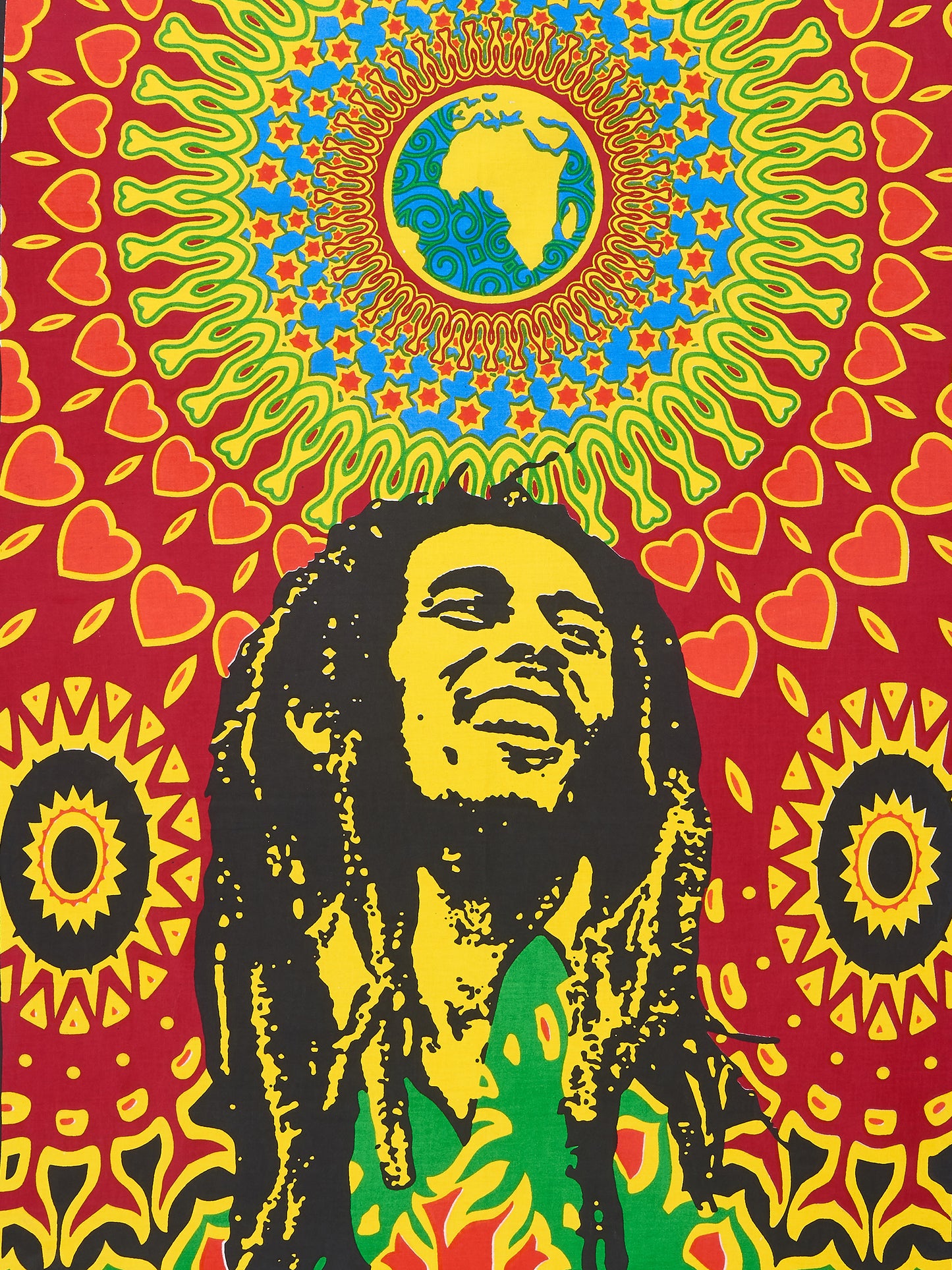 
                  
                    One Love’ is the incredible song that defines Marley’s sensibilities as a songwriter and a musician and this wall décor tapestry commemorates just that.  The vibrant colors of this Jaipuri tapestry along with the classy hand-printed design will revamp a boring wall into a psychedelic, gypsy-styled piece of art.  The size of this tapestry is 40 X 30 inches, perfect to use it as a poster, wall hanging, tablecloth, sofa cover, sarong or a beach throw. 
                  
                