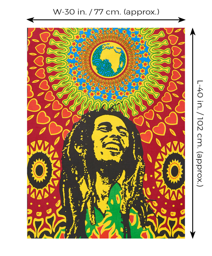 
                  
                    One Love’ is the incredible song that defines Marley’s sensibilities as a songwriter and a musician and this wall décor tapestry commemorates just that. The vibrant colors of this Jaipuri tapestry along with the classy hand-printed design will revamp a boring wall into a psychedelic, gypsy-styled piece of art. The size of this tapestry is 40 X 30 inches, perfect to use it as a poster, wall hanging, tablecloth, sofa cover, sarong or a beach throw.
                  
                