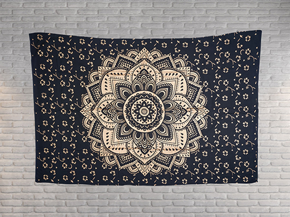 
                  
                    This Black Gold Flower Mandala tapestry is made in India and handcrafted by local artists with screen printed designs. Mandala signifies the universe and this particular design brings energy, wisdom and creativity to one's life. Use as wall art, wall hanging, yoga mat, beach throw, picnic sheet and so much more.
                  
                