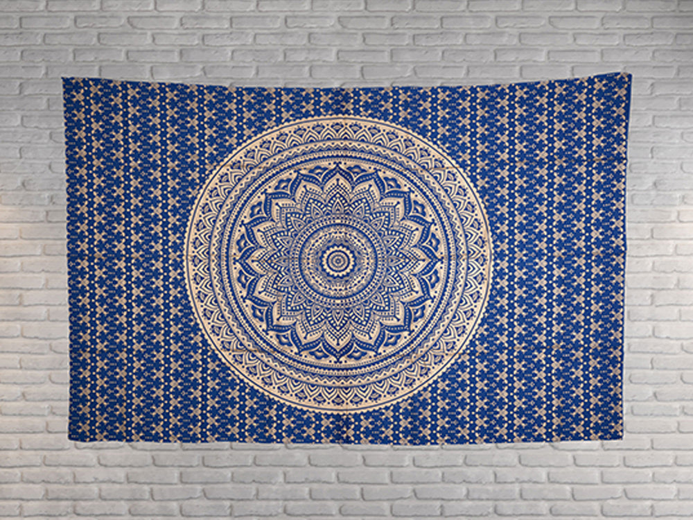 
                  
                    A blue and golden Mandala is believed to bring vitality, positivity and awareness in one’s life.  You can use this tapestry in a number of ways – as a wall hanging, bed sheet, yoga mat, meditation mat, room divider, window/door curtain, dorm wall decorator, sofa cover, beach throw, table cloth or a picnic blanket. It instantly gives your living space a hippie, psychedelic and Bohemian vibe, while at the same time transforming the energy of the space for your physical, mental and spiritual wellbeing.
                  
                