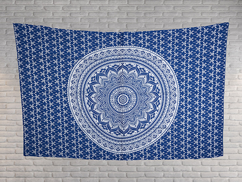 
                  
                    This lovely Indian Mandala tapestry in blue and silver color is a traditional piece of art, handcrafted by the talented local artists of India. A blue and silver Mandala is believed to bring health, wisdom and vitality. You can use the tapestry in a number of ways - as a wall hanging, a bed sheet, yoga/meditation mat, tablecloth, wall art, curtain, beach throw or a picnic blanket.
                  
                