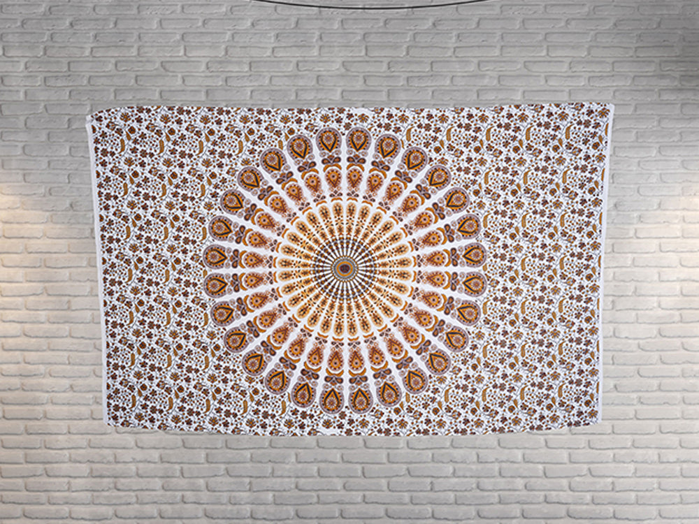 
                  
                    This Gold Mandala Peacock tapestry brings energy, wisdom and creativity in one’s life and helps you in increasing your concentration level. It can be used as a wall hanging, a bed sheet, picnic blanket, yoga mat, tablecloth, curtain or a beach mat. Give your wall/room an ethnic look with this gorgeous tapestry while reaping its amazing benefits for your mental and spiritual wellbeing.
                  
                