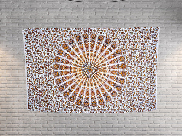 This Gold Mandala Peacock tapestry brings energy, wisdom and creativity in one’s life and helps you in increasing your concentration level. It can be used as a wall hanging, a bed sheet, picnic blanket, yoga mat, tablecloth, curtain or a beach mat. Give your wall/room an ethnic look with this gorgeous tapestry while reaping its amazing benefits for your mental and spiritual wellbeing.