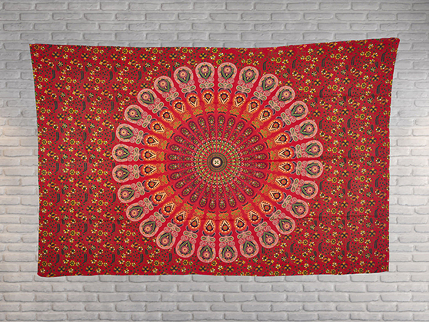 
                  
                    This red Mandala peacock tapestry brings power in your life along with the vitality of the life force itself. The design also helps you in subjugating your own limitations and fears. It can be used as a wall hanging, a bed sheet, yoga mat, tablecloth, curtain, beach mat or a picnic blanket. Give your wall/room an ethnic look with this gorgeous tapestry while reaping its amazing benefits for your mental and spiritual wellbeing.
                  
                