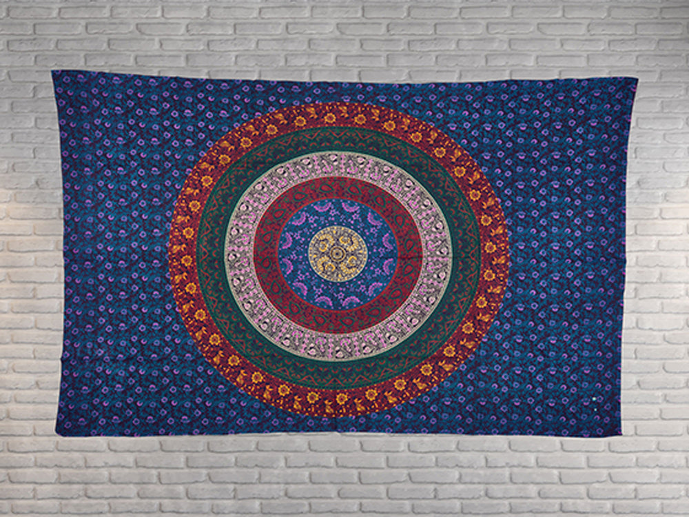 
                  
                    This multi color Mandala tapestry has been created with flowers, branches, shrubs and leaves in various colors and patterns, but primarily the shades of blue. And blue color is a symbol of healing powers, wisdom and purity in Indian as well as Buddhist traditions. Use it for decoration purposes in the form of a wall hanging, tablecloth, curtain or a room divider or use it for utility purposes in the form of a yoga mat, picnic blanket, bed sheet, wall art, beach throw or a sofa cover.
                  
                