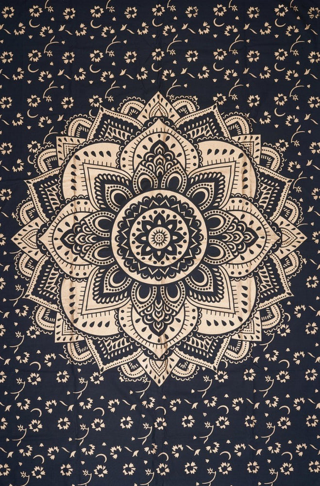 
                  
                    This Black Gold Flower Mandala tapestry is made in India and handcrafted by local artists with screen printed designs. Mandala signifies the universe and this particular design brings energy, wisdom and creativity to one's life. Use as wall art, wall hanging, yoga mat, beach throw, picnic sheet and so much more.
                  
                