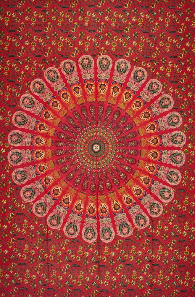 
                  
                    This red Mandala peacock tapestry brings power in your life along with the vitality of the life force itself. The design also helps you in subjugating your own limitations and fears.  It can be used as a wall hanging, a bed sheet, yoga mat, tablecloth, curtain, beach mat or a picnic blanket. Give your wall/room an ethnic look with this gorgeous tapestry while reaping its amazing benefits for your mental and spiritual wellbeing.
                  
                