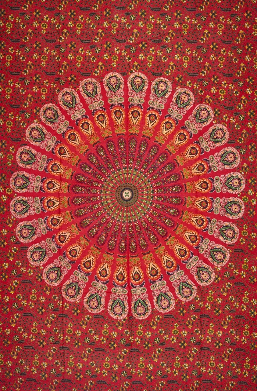 
                  
                    This red Mandala peacock tapestry brings power in your life along with the vitality of the life force itself. The design also helps you in subjugating your own limitations and fears.  It can be used as a wall hanging, a bed sheet, yoga mat, tablecloth, curtain, beach mat or a picnic blanket. Give your wall/room an ethnic look with this gorgeous tapestry while reaping its amazing benefits for your mental and spiritual wellbeing.
                  
                