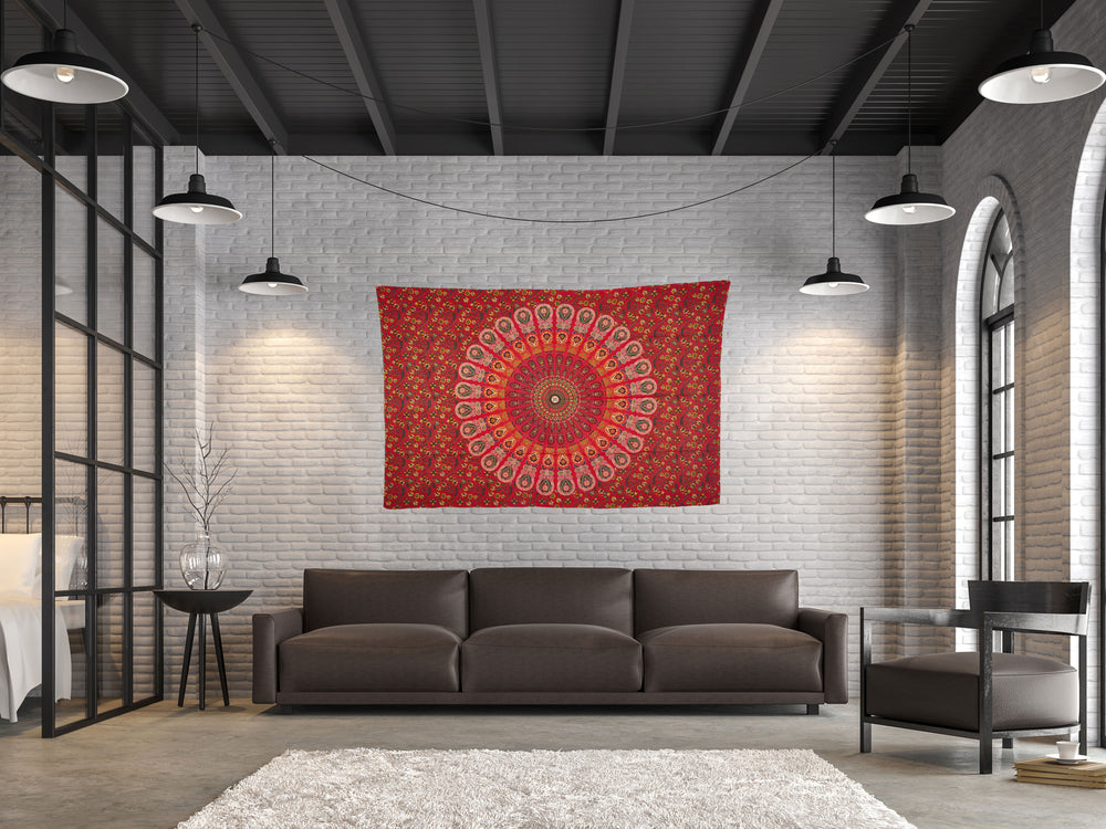 This red Mandala peacock tapestry brings power in your life along with the vitality of the life force itself. The design also helps you in subjugating your own limitations and fears. It can be used as a wall hanging, a bed sheet, yoga mat, tablecloth, curtain, beach mat or a picnic blanket. Give your wall/room an ethnic look with this gorgeous tapestry while reaping its amazing benefits for your mental and spiritual wellbeing.