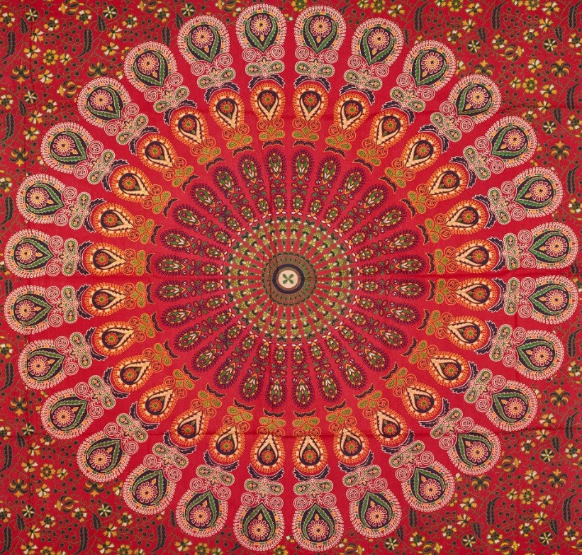 
                  
                    This red Mandala peacock tapestry brings power in your life along with the vitality of the life force itself. The design also helps you in subjugating your own limitations and fears. It can be used as a wall hanging, a bed sheet, yoga mat, tablecloth, curtain, beach mat or a picnic blanket. Give your wall/room an ethnic look with this gorgeous tapestry while reaping its amazing benefits for your mental and spiritual wellbeing.
                  
                