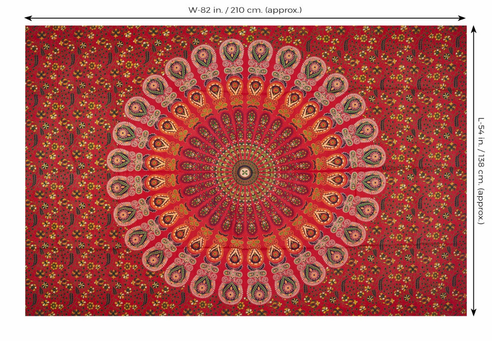 
                  
                    This red Mandala peacock tapestry brings power in your life along with the vitality of the life force itself. The design also helps you in subjugating your own limitations and fears. It can be used as a wall hanging, a bed sheet, yoga mat, tablecloth, curtain, beach mat or a picnic blanket. Give your wall/room an ethnic look with this gorgeous tapestry while reaping its amazing benefits for your mental and spiritual wellbeing.
                  
                