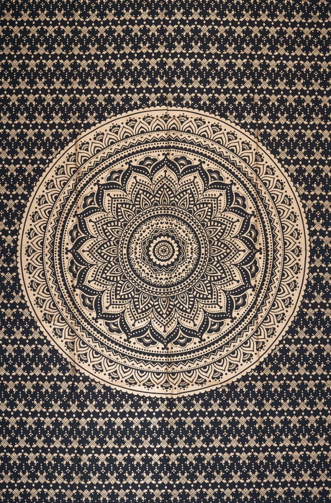 
                  
                    Give your room a gorgeous makeover with this spiritually charged Indian Mandala wall tapestry in Black and Golden color. This tapestry has been handcrafted to perfection by Indian local artists. A black and golden Mandala brings clarity, awareness and spiritual enlightenment in one’s life. 
                  
                