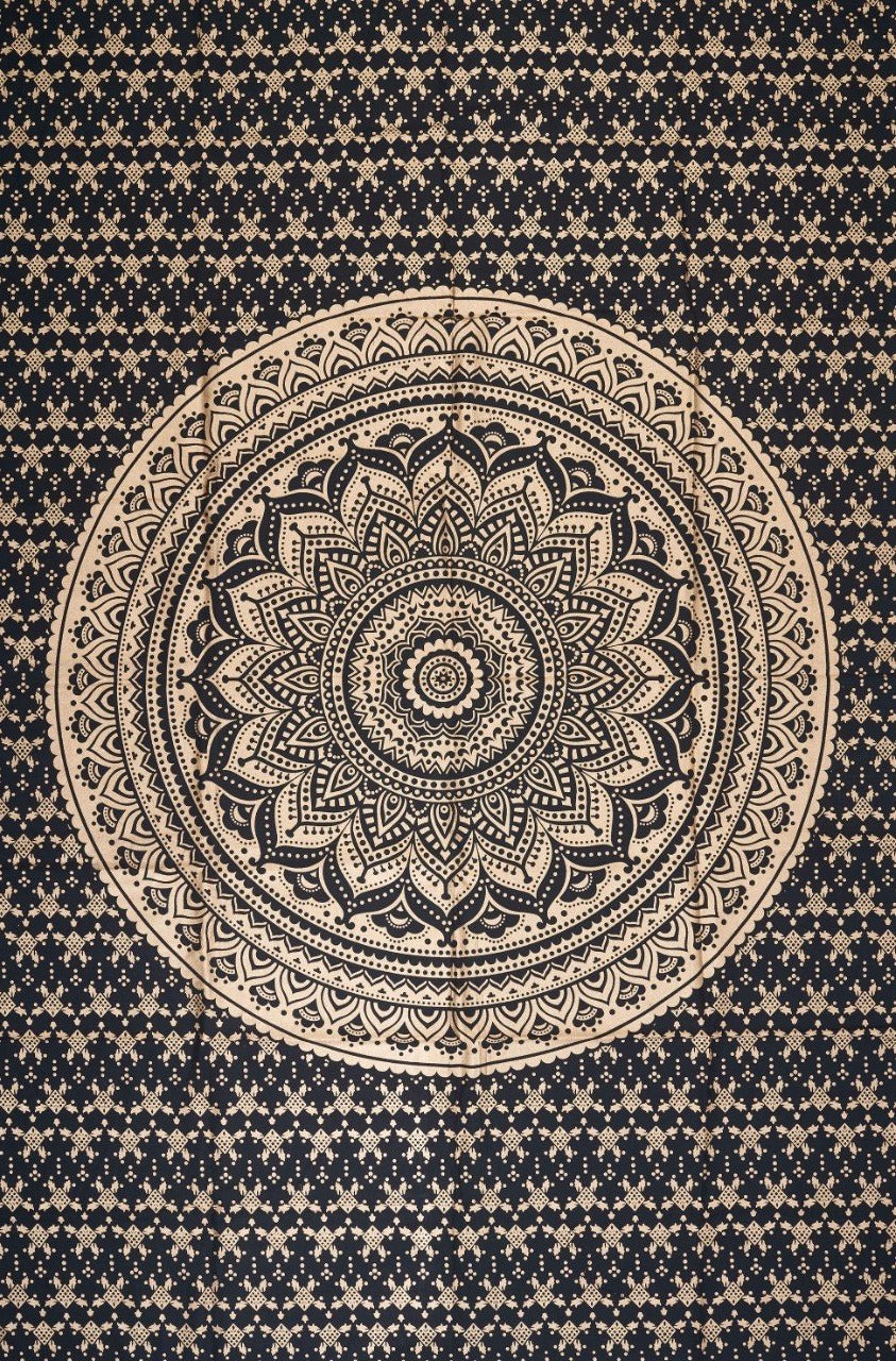 
                  
                    Give your room a gorgeous makeover with this spiritually charged Indian Mandala wall tapestry in Black and Golden color. This tapestry has been handcrafted to perfection by Indian local artists. A black and golden Mandala brings clarity, awareness and spiritual enlightenment in one’s life. 
                  
                