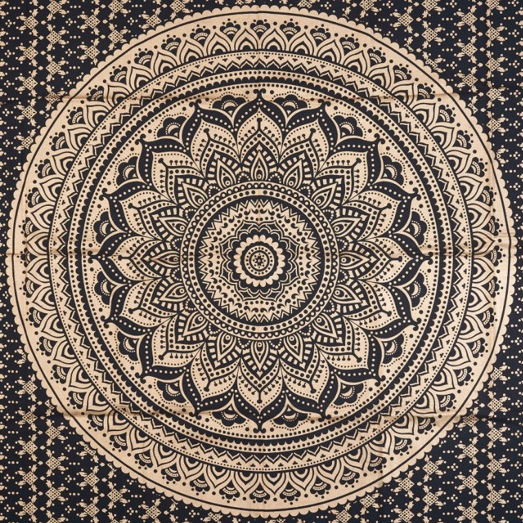 
                  
                    Give your room a gorgeous makeover with this spiritually charged Indian Mandala wall tapestry in Black and Golden color. This tapestry has been handcrafted to perfection by Indian local artists. A black and golden Mandala brings clarity, awareness and spiritual enlightenment in one’s life.
                  
                