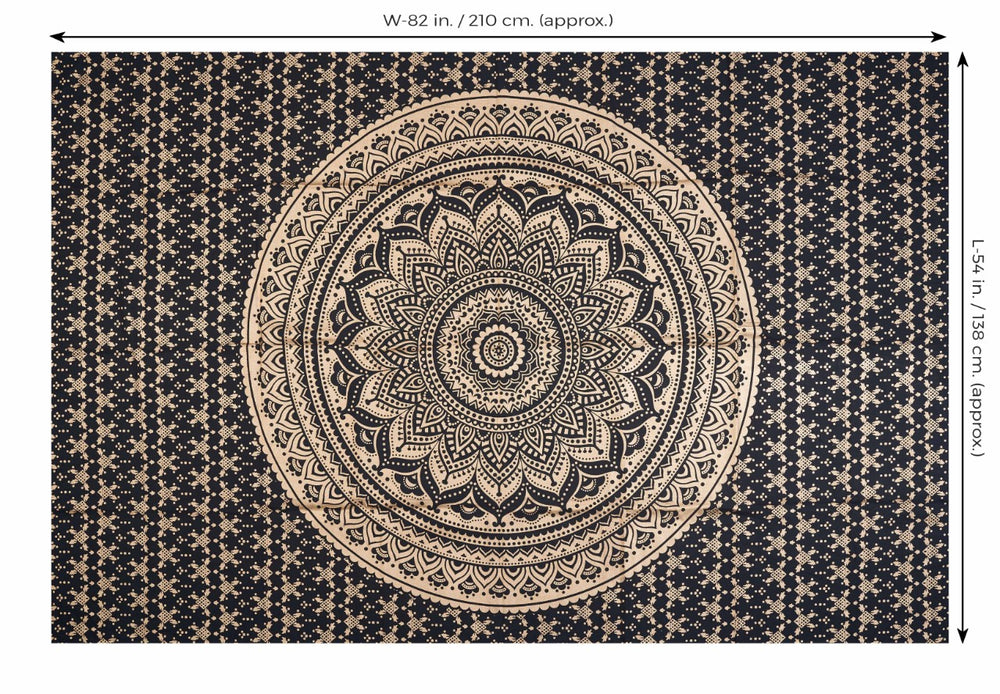 
                  
                    Give your room a gorgeous makeover with this spiritually charged Indian Mandala wall tapestry in Black and Golden color. This tapestry has been handcrafted to perfection by Indian local artists. A black and golden Mandala brings clarity, awareness and spiritual enlightenment in one’s life.
                  
                