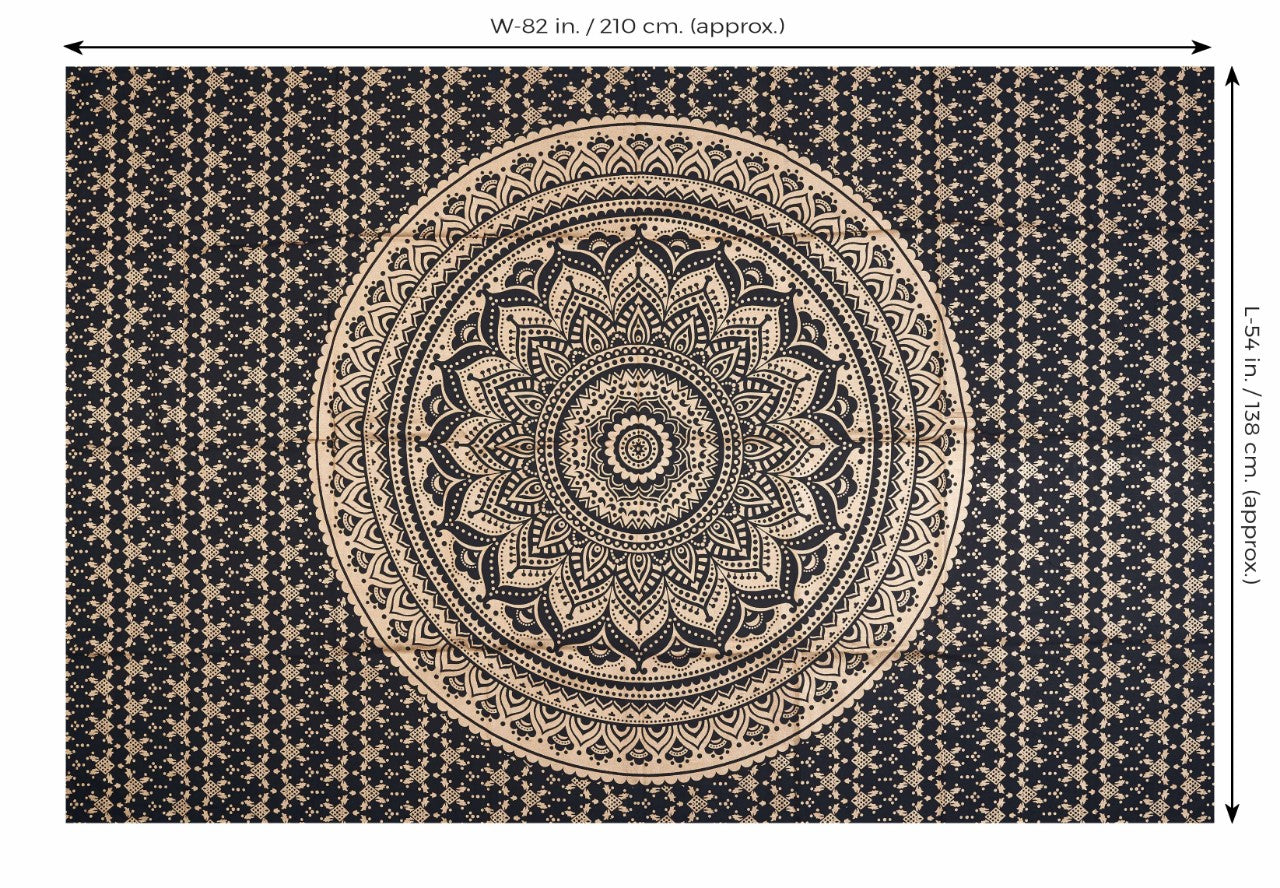 
                  
                    Give your room a gorgeous makeover with this spiritually charged Indian Mandala wall tapestry in Black and Golden color. This tapestry has been handcrafted to perfection by Indian local artists. A black and golden Mandala brings clarity, awareness and spiritual enlightenment in one’s life.
                  
                