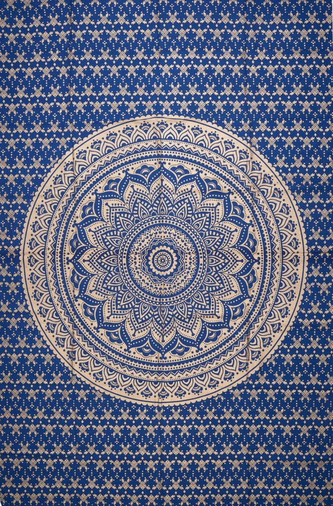 
                  
                    A blue and golden Mandala is believed to bring vitality, positivity and awareness in one’s life.  You can use this tapestry in a number of ways – as a wall hanging, bed sheet, yoga mat, meditation mat, room divider, window/door curtain, dorm wall decorator, sofa cover, beach throw, table cloth or a picnic blanket. It instantly gives your living space a hippie, psychedelic and Bohemian vibe, while at the same time transforming the energy of the space for your physical, mental and spiritual wellbeing.
                  
                