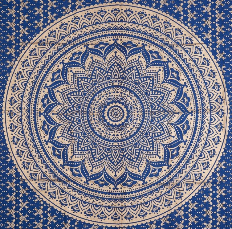 
                  
                    A blue and golden Mandala is believed to bring vitality, positivity and awareness in one’s life.  You can use this tapestry in a number of ways – as a wall hanging, bed sheet, yoga mat, meditation mat, room divider, window/door curtain, dorm wall decorator, sofa cover, beach throw, table cloth or a picnic blanket. It instantly gives your living space a hippie, psychedelic and Bohemian vibe, while at the same time transforming the energy of the space for your physical, mental and spiritual wellbeing.
                  
                