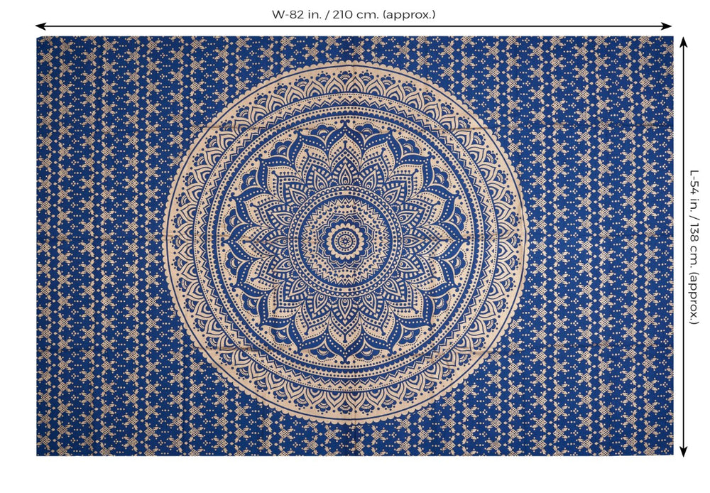 
                  
                    A blue and golden Mandala is believed to bring vitality, positivity and awareness in one’s life.  You can use this tapestry in a number of ways – as a wall hanging, bed sheet, yoga mat, meditation mat, room divider, window/door curtain, dorm wall decorator, sofa cover, beach throw, table cloth or a picnic blanket. It instantly gives your living space a hippie, psychedelic and Bohemian vibe, while at the same time transforming the energy of the space for your physical, mental and spiritual wellbeing.
                  
                