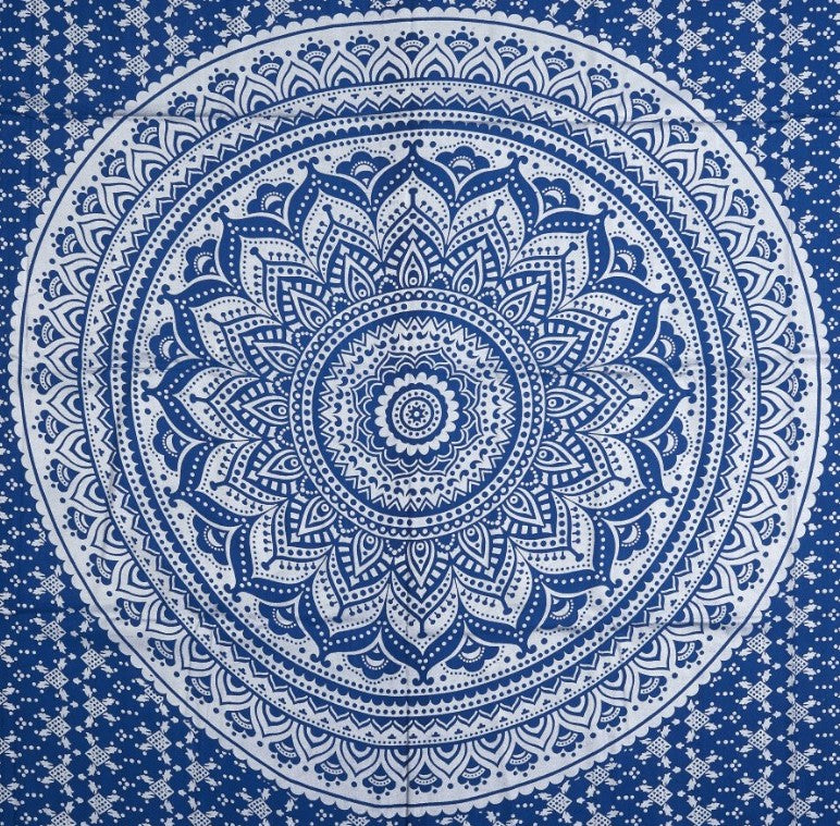 
                  
                    This lovely Indian Mandala tapestry in blue and silver color is a traditional piece of art, handcrafted by the talented local artists of India. A blue and silver Mandala is believed to bring health, wisdom and vitality. You can use the tapestry in a number of ways - as a wall hanging, a bed sheet, yoga/meditation mat, tablecloth, wall art, curtain, beach throw or a picnic blanket.
                  
                