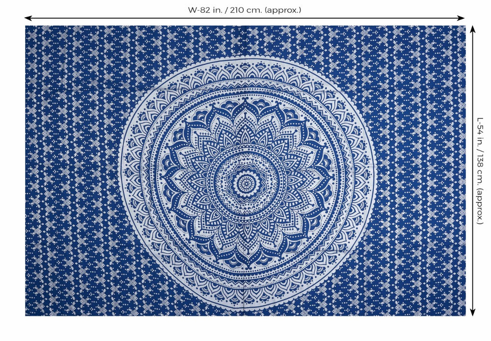 
                  
                    This lovely Indian Mandala tapestry in blue and silver color is a traditional piece of art, handcrafted by the talented local artists of India. A blue and silver Mandala is believed to bring health, wisdom and vitality. You can use the tapestry in a number of ways - as a wall hanging, a bed sheet, yoga/meditation mat, tablecloth, wall art, curtain, beach throw or a picnic blanket.
                  
                