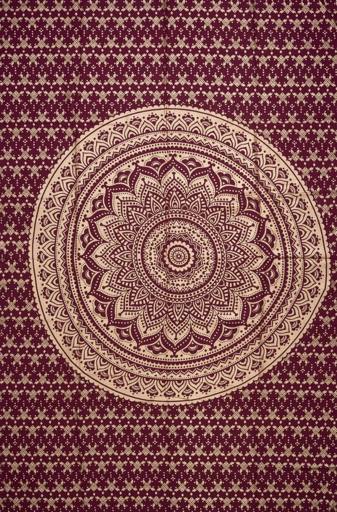 
                  
                    This red base and gold print Mandala tapestry is believed to ignite a fire in you to – succeed, empower and inspire.  You can use this stunning piece of wall decor tapestry in a number of ways – as a wall hanging, bed sheet, yoga mat, meditation mat, college dorm room divider, window/door curtain, dorm wall decorator, sofa cover, wall art, beach throw, tablecloth or a picnic blanket. It instantly gives your living space a hippy, psychedelic and Bohemian vibe.
                  
                