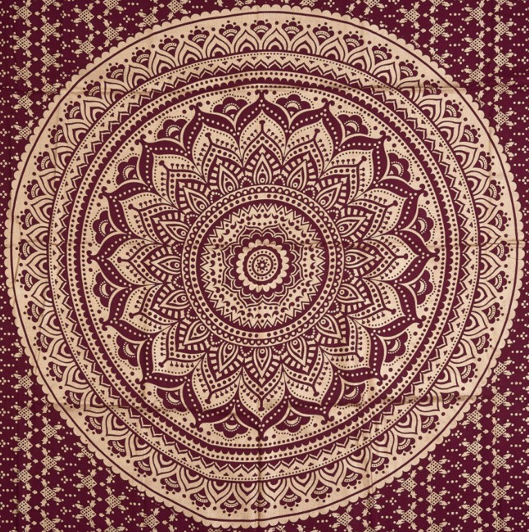 
                  
                    This red base and gold print Mandala tapestry is believed to ignite a fire in you to – succeed, empower and inspire. You can use this stunning piece of wall decor tapestry in a number of ways – as a wall hanging, bed sheet, yoga mat, meditation mat, college dorm room divider, window/door curtain, dorm wall decorator, sofa cover, wall art, beach throw, tablecloth or a picnic blanket. It instantly gives your living space a hippy, psychedelic and Bohemian vibe.
                  
                